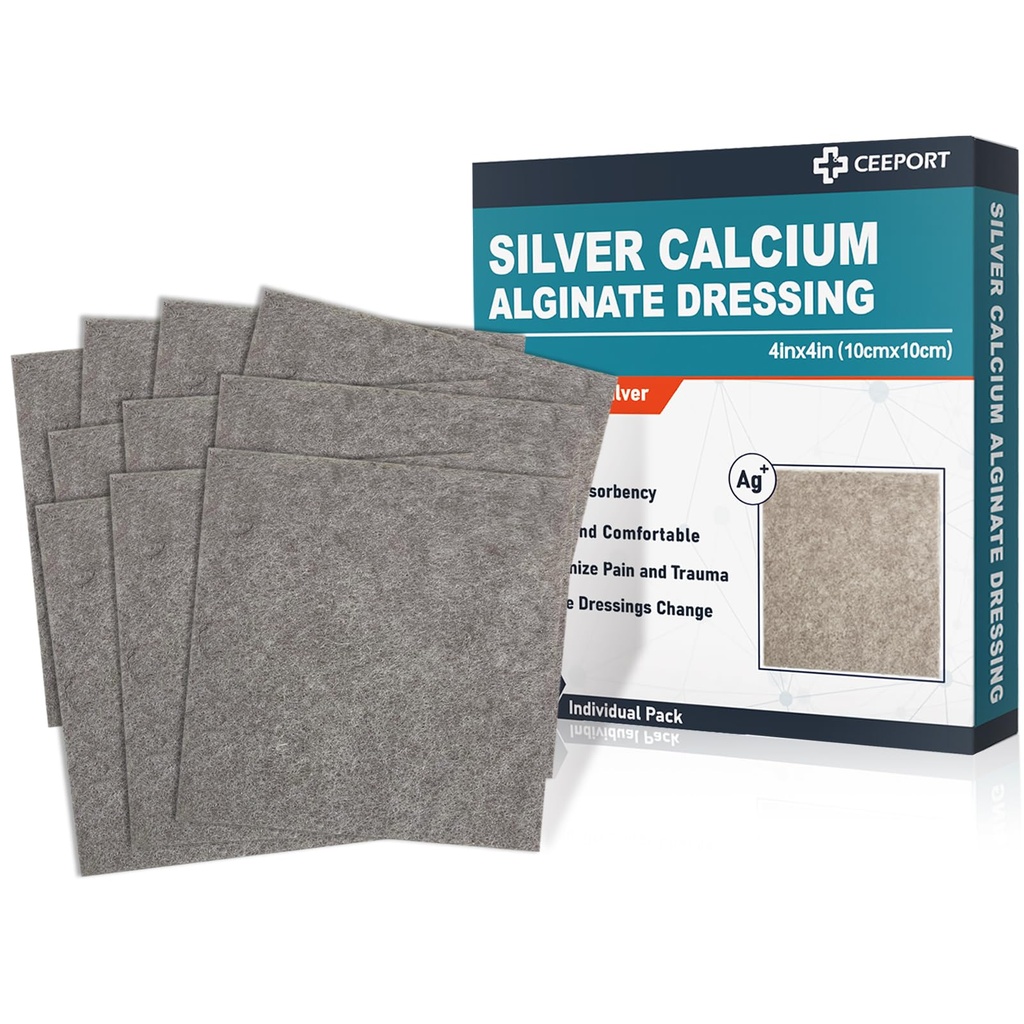 Ag Silver Alginate Alginate Wound Dressing Pads, 4''x4'' Patches, 10 Pacotes individuais, Molest Silver Dressings for Wound Care, Gentle Highly Absorvente Dressing, Non Stick Gauze Pads for Wounds