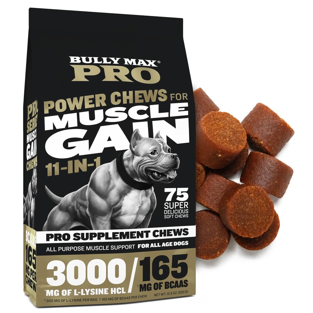 Bully Max 11-em-1 Mastigação do poder do ganho do músculo - Suplemento de cão de alta proteína com aminoácidos - Doces saudáveis para cachorros e adultos - Construtor de músculo Premium para todas as raças - 75 Mastigação de cão macio saborosa