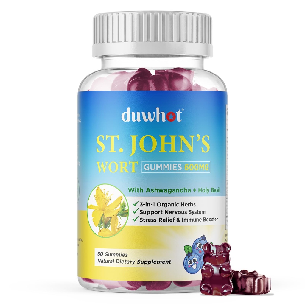 St John's Wort Gummies 600mg, 3 em 1 Suplementos de ervas orgânicas para alívio do estresse, suporte do sistema nervoso, com Ashwagandha & Holy Basil Extract para adultos e crianças, Não-GMO, Vegan, 60 ct.