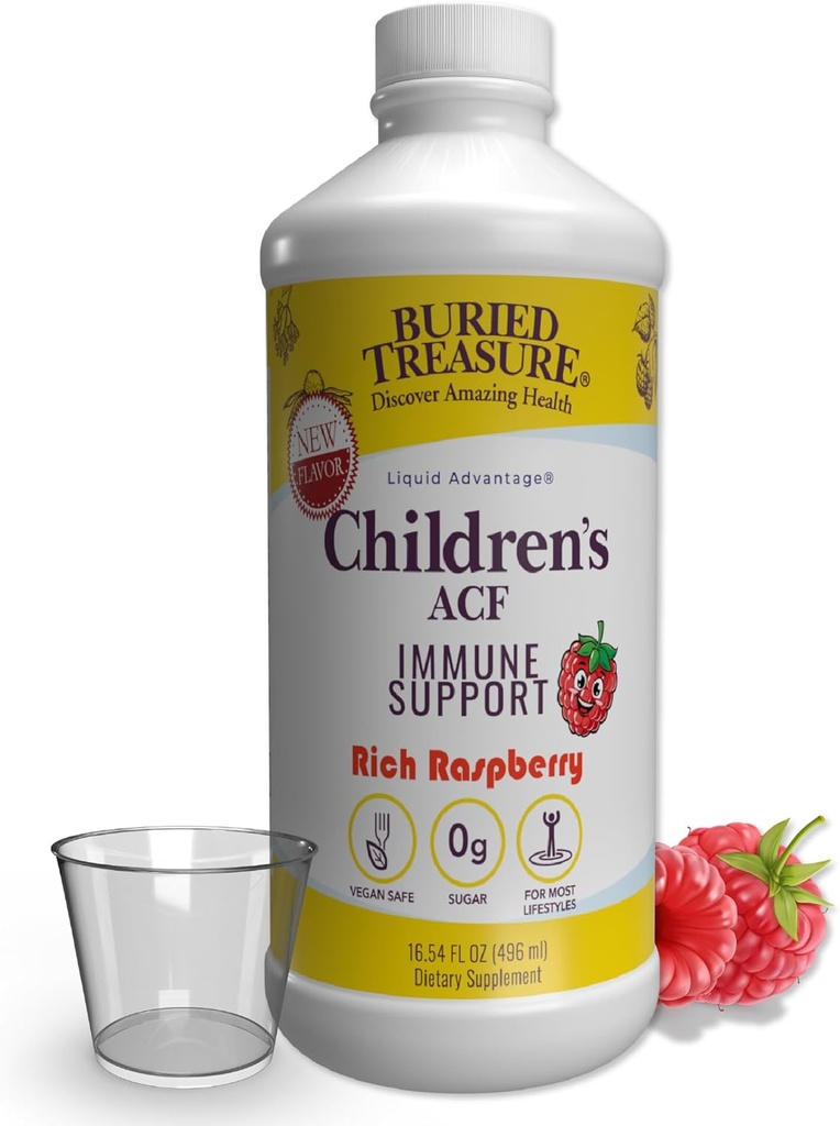 Tesouro enterrado Crianças ACF Advanced Imune Support, Cherry Flavor, 16 onças w/Dose Cup, Imune Booster Supplement for Kids, Liquid Herbal Immunity Fórmula w/Vitamin C Elderberry Enchinacea Zinc