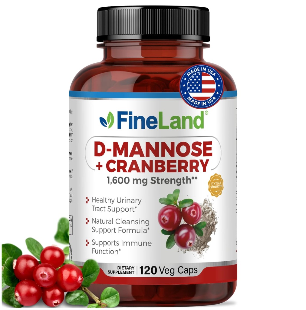FineLand D-Mannose + Cranberry – 1600mg por serviço – 120 Cápsulas Vegan – Urinary Tract & Bladder Health Support – Não-GMO, Gluten-Free, Made in USA
