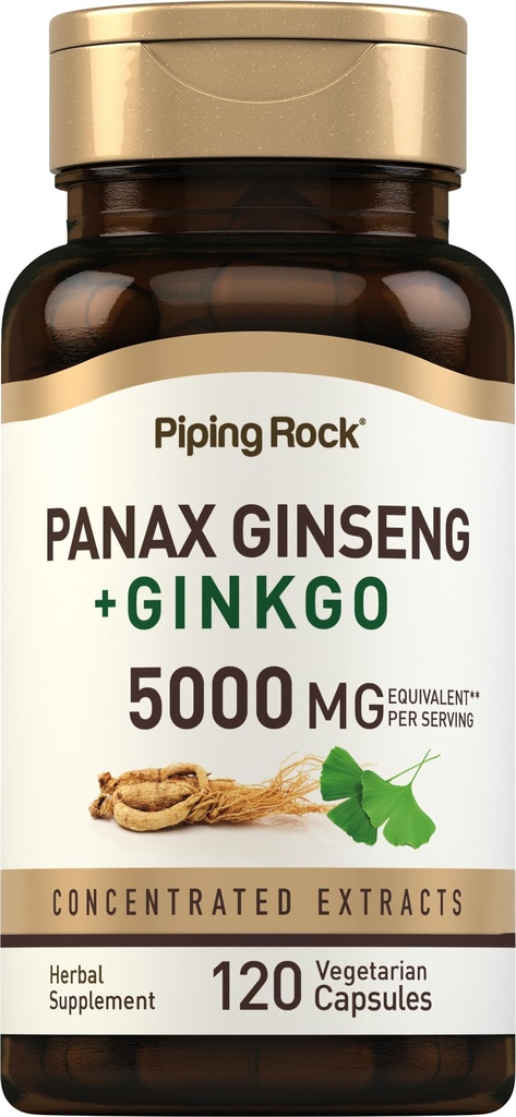 Piping Rock Panax Ginseng & Ginkgo Biloba Suplemento 5000 mg 120 Cápsulas com Extrato de Pimenta Preto Vegetariano, Não-GMO e Suplemento Glúten