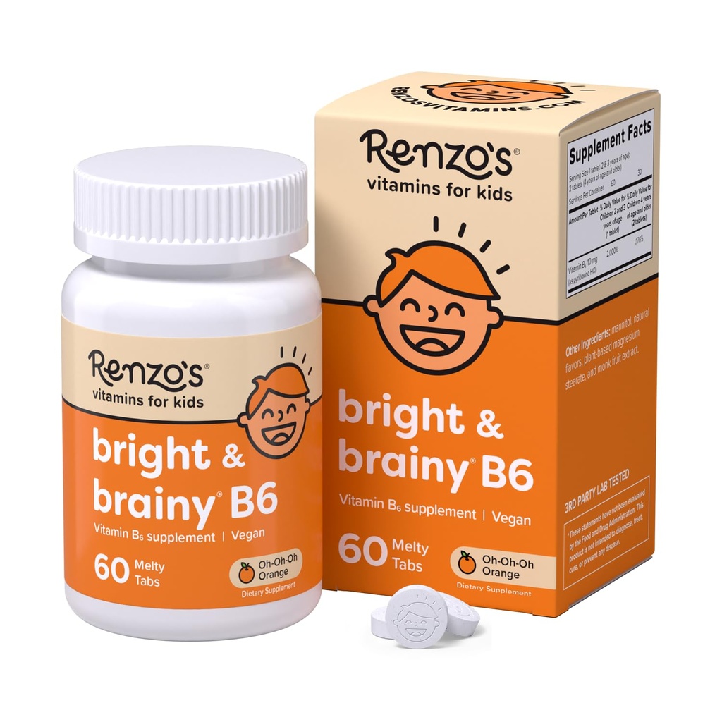 Vitamina B6 brilhante e inteligente de Renzo, dissolvendo crianças Vitamina B6, 60 Abas de melancia sem açúcar, Oh Oh Oh sabor laranja
