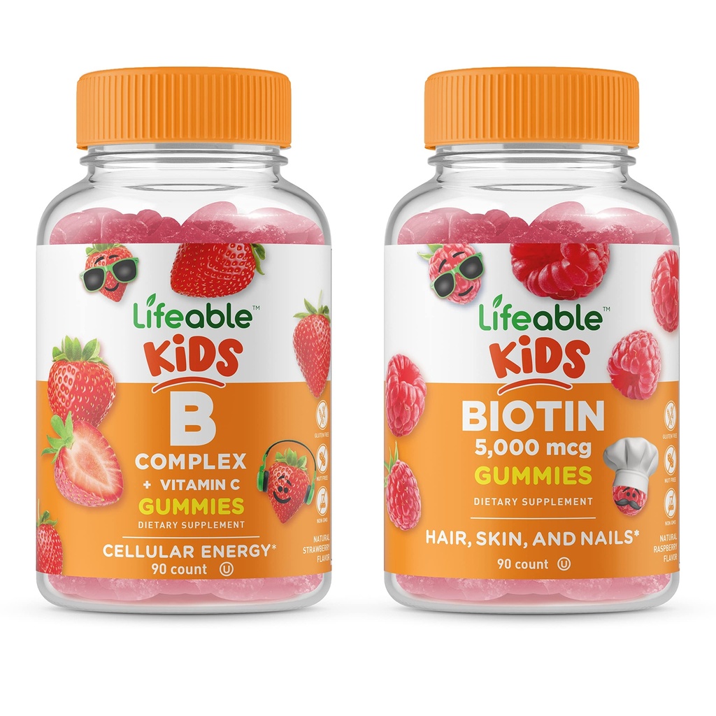 Kids Complexo B Lifeable + Biotin Kids, Gummies Bundle - Grande degustação, Suplemento Vitamina, Gluten Free, GMO Free, Gummy mastigável