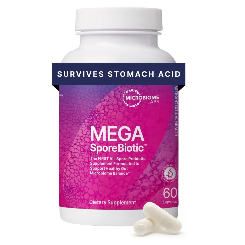 Microbiome Labs MegaSporeBiotic Probióticos para Mulheres e Homens - Probiótico baseado em esporos para Gut Saúde & Suporte Digestivo - prateleira-estável, viagens-amigo, homens e mulheres Probióticos (60 Cápsulas)