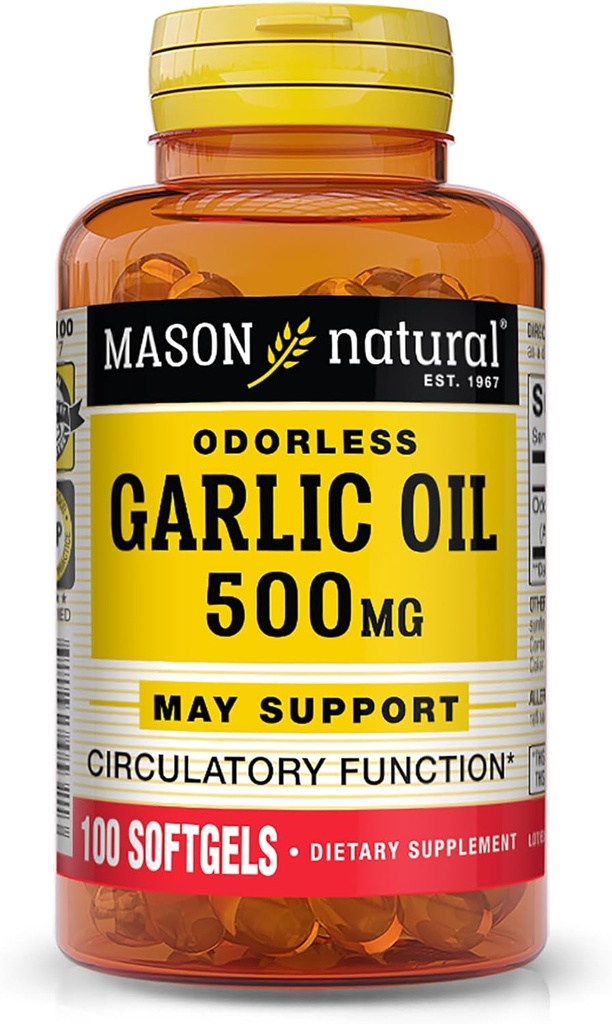 MASON NATURAL Óleo de Alho 500 mg Allio Sativum Suplemento Odorless - Suporta Função Circulatória Saudável, 100 Softgels