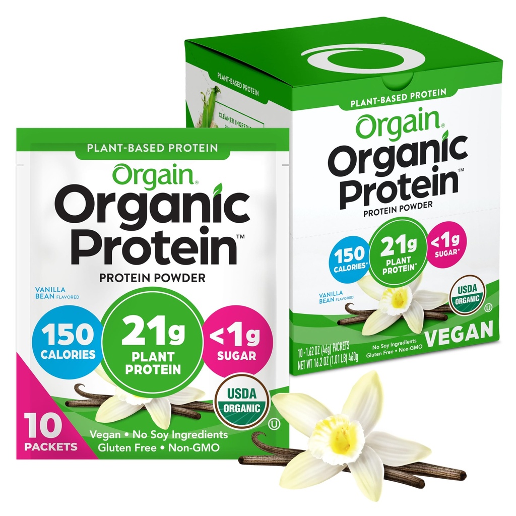 Orgain Organic Vegan Protein Powder, Vanilla Bean - 21g Proteína vegetal, 5g Fibra Prebiótica, Baixo Carbo, Sem Ingredientes Lactose, Sem Açúcar Adicionado, Não-GMO, Para Shakes & Smoothies, 10 Pacotes de viagem