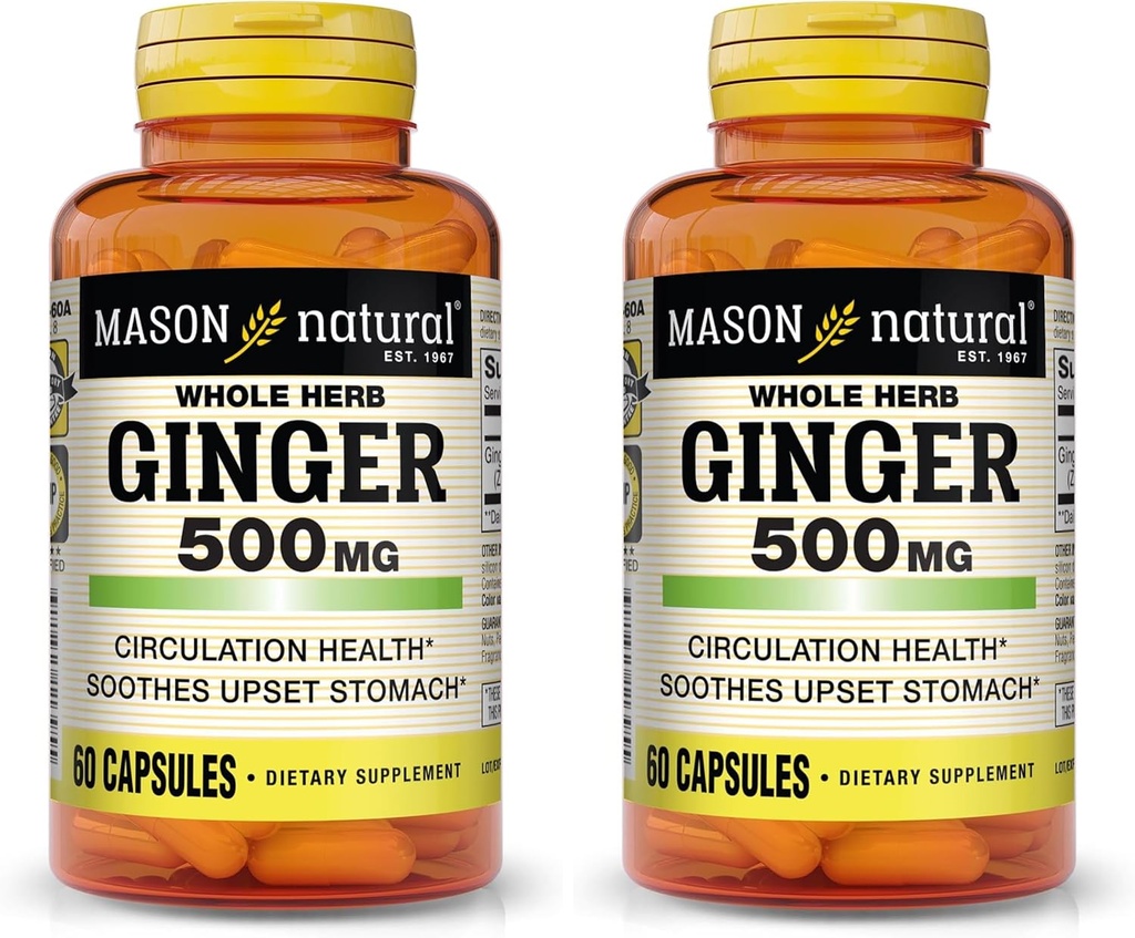 MASON NATURAL Herb inteiro Ginger 500 mg, Suplemento Natural de Ervas, 60 Cápsulas (Pacote de 2)