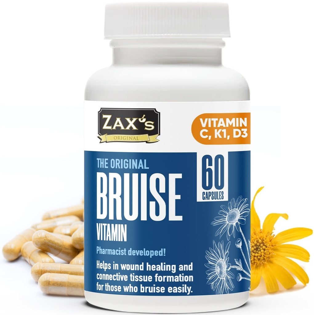 ZAX's Bruise Vitamina Pharmacist Desenvolvido Suplementos de contusões Potent Bruising Swelling Redutor, Zinc, Vitamina K, D3, Ácido Ascórbico, Citrus Bioflavonoids, 60 Caps, Combine Arnica Bruise Cream