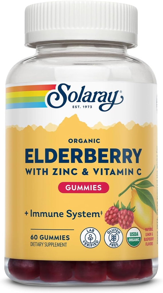 SOLARAY Orgânico Elderberry Gummies w/Zinc & Vitamina C □ Sistema Imune saudável Suporte □ Gluten Free 30 Serv, 60 Ct