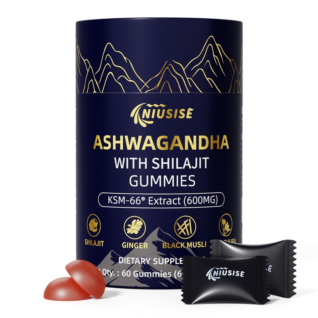 Ashwagandha Gummies com Shilajit 300mg para Mulheres e Homens, Zero Açúcar Ashwagandha Suplementos com Maca Root Powder