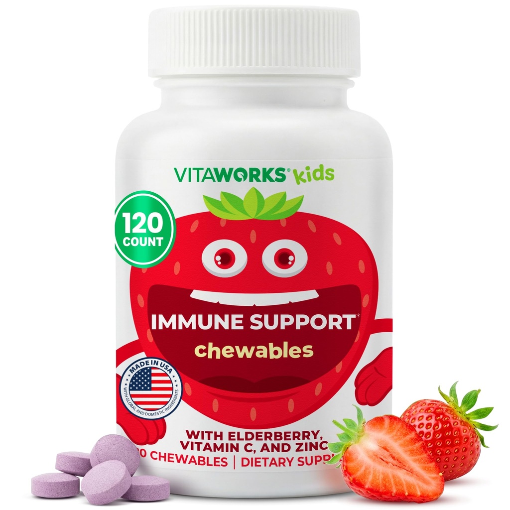 Kids Elderberry Com Zinco e Vitamina C - Suplemento Imune Suporte Comprimidos mastigáveis - Saboroso Natural Misturado sabor Berry - Vegan, Vegetariano, Sem glúten, Não-GMO, para crianças, 120 Mastigables