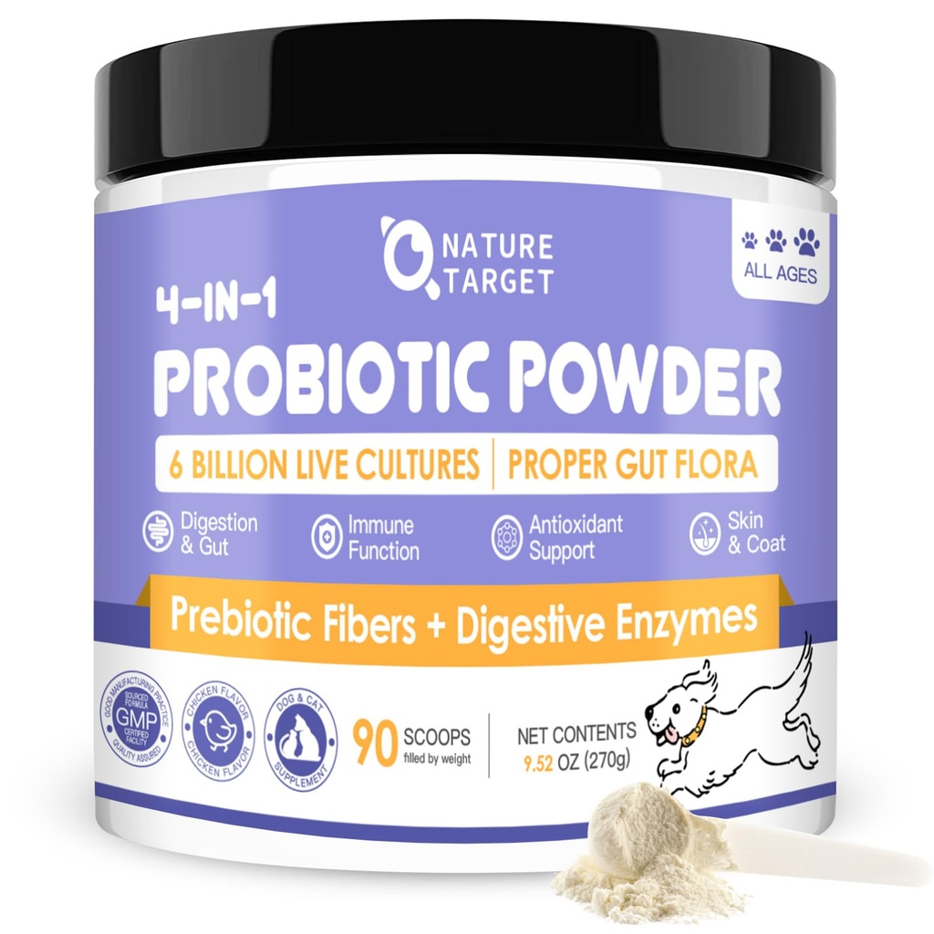 NATUREZA TARGET Probióticos para Cães - Dog Probióticos, Além de Prebiótico, Enzimas Digestivas, Fibra, Gut de Apoio, Saúde Imune, 6 Bilhões UFC Pó Probiótico Dog, Aliviar Diarréia, Loose Stool, 90 Scoops
