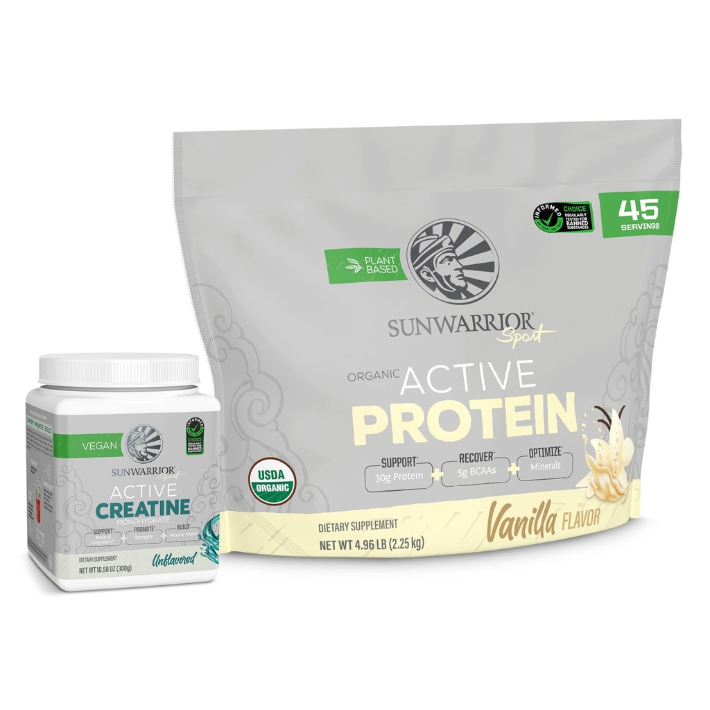 Sunwarrior Ativo Proteína Orgânica em Pó Baunilha Saborosa 45 Servings & Creatina Monohidrato em Pó 60 Servings