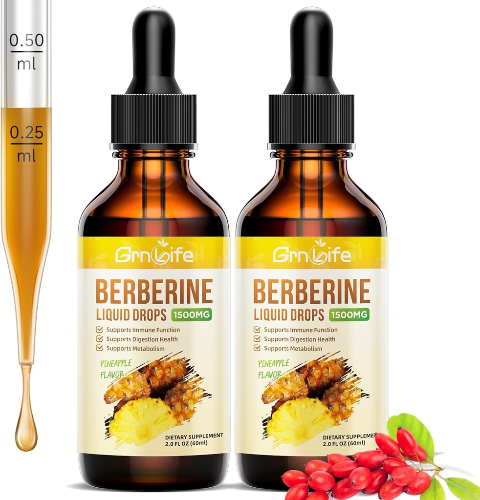 (2 Pack) Berberine Suplemento, 1500mg Berberina orgânica gotas líquidas com Ceilão Canela, Melão amargo - Suporta Imune e Metabolismo, Vegan, Abacaxi Flavor-2 FL Oz