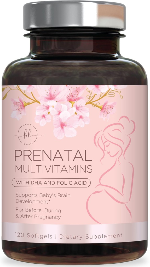 Vitaminas pré-natais para mulheres com ácido fólico & DHA, apoio ao desenvolvimento do cérebro fetal com folato & Omega 3's, multivitamina com vitamina A, C, D, B6, B12 & ferro, suplemento de gravidez - 120 Softgels