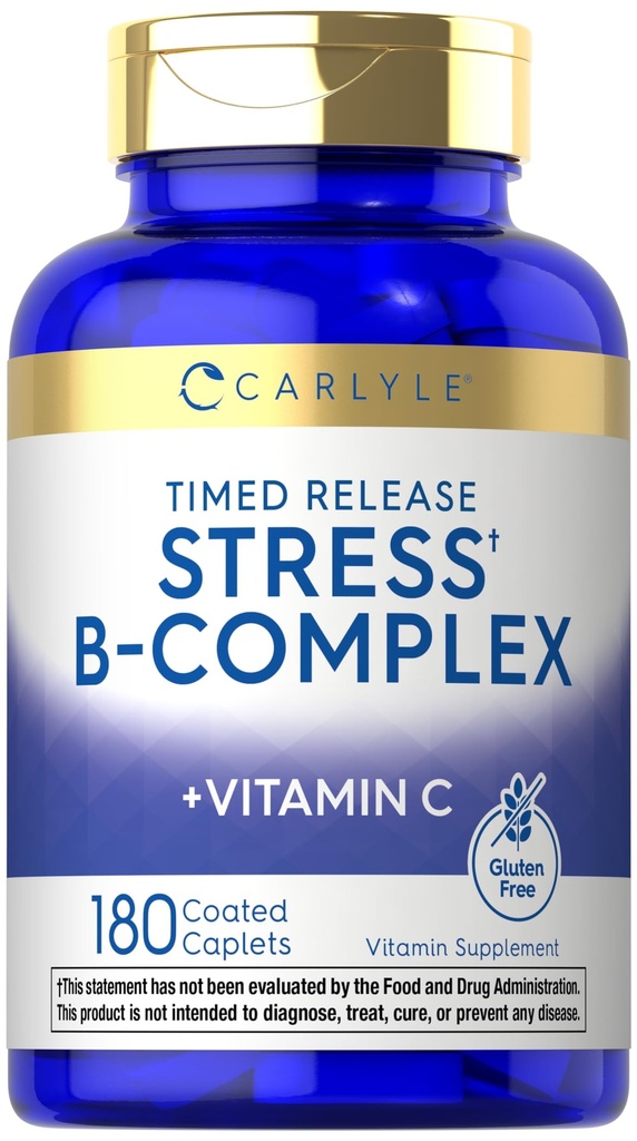 Carlyle Stress B-Complex Vitamina 180 Caplets Vegetarianos com Vitamina C Não-GMO e Suplemento sem glúten