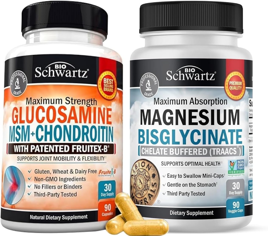 Cápsulas de Bisglicinato de Magnésio de Alta Absorção (1 Mês de Fornecimento) Plus Glucosamina Chondroitina HSH Suplemento de Suporte Conjunto de Tripla Força (1 Mês de Fornecimento)