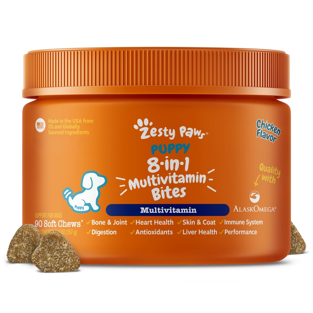 Patas Zesty Dog Multivitamin, Vitaminas mastigáveis do cão e Suplementos para Hip & Joints, Pele & Casaco, Ómega 3 Óleo de peixe para cães- Cachorrinho Multivitamin - Frango Puppy Bites- 90ct