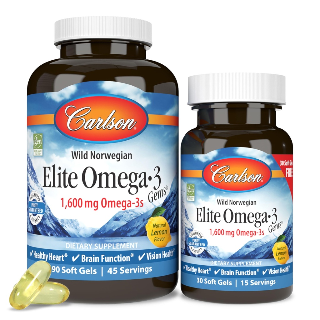 Carlson Labs Elite Omega-3, 1600 mg, Gems Peixe óleo macio Gels, sabor limão natural, 2 pacote (120 contar cada)
