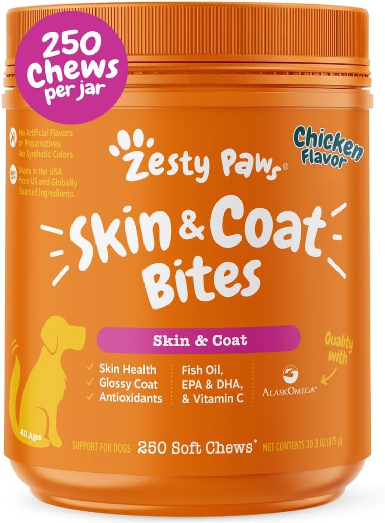 Zesty Paws Omega 3 Fish Oil para cães - Zesty Paw Dog Vitaminas e Suplementos para Hip, Joint & Skin, Frango (250 Chews)