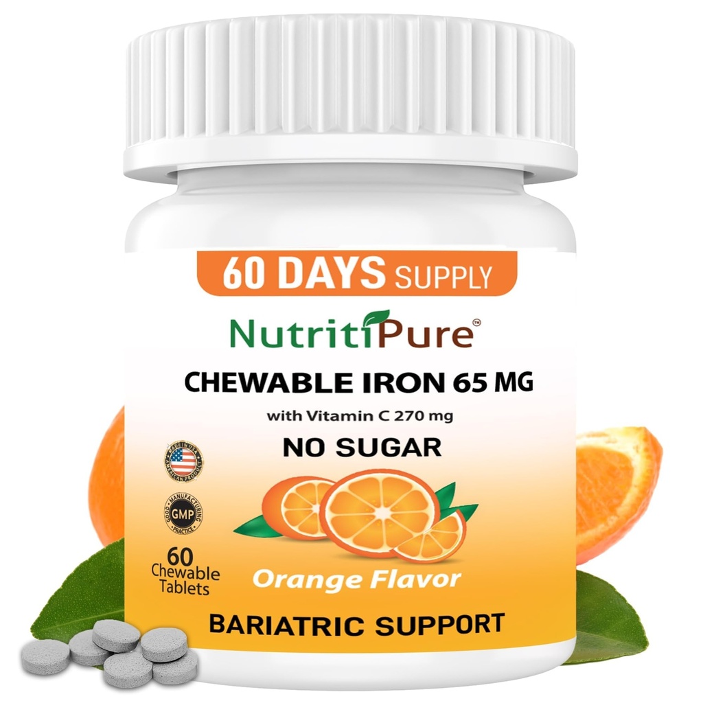 Ferro mastigável 65 mg com vitamina C 270 mg (para mulheres/homens)