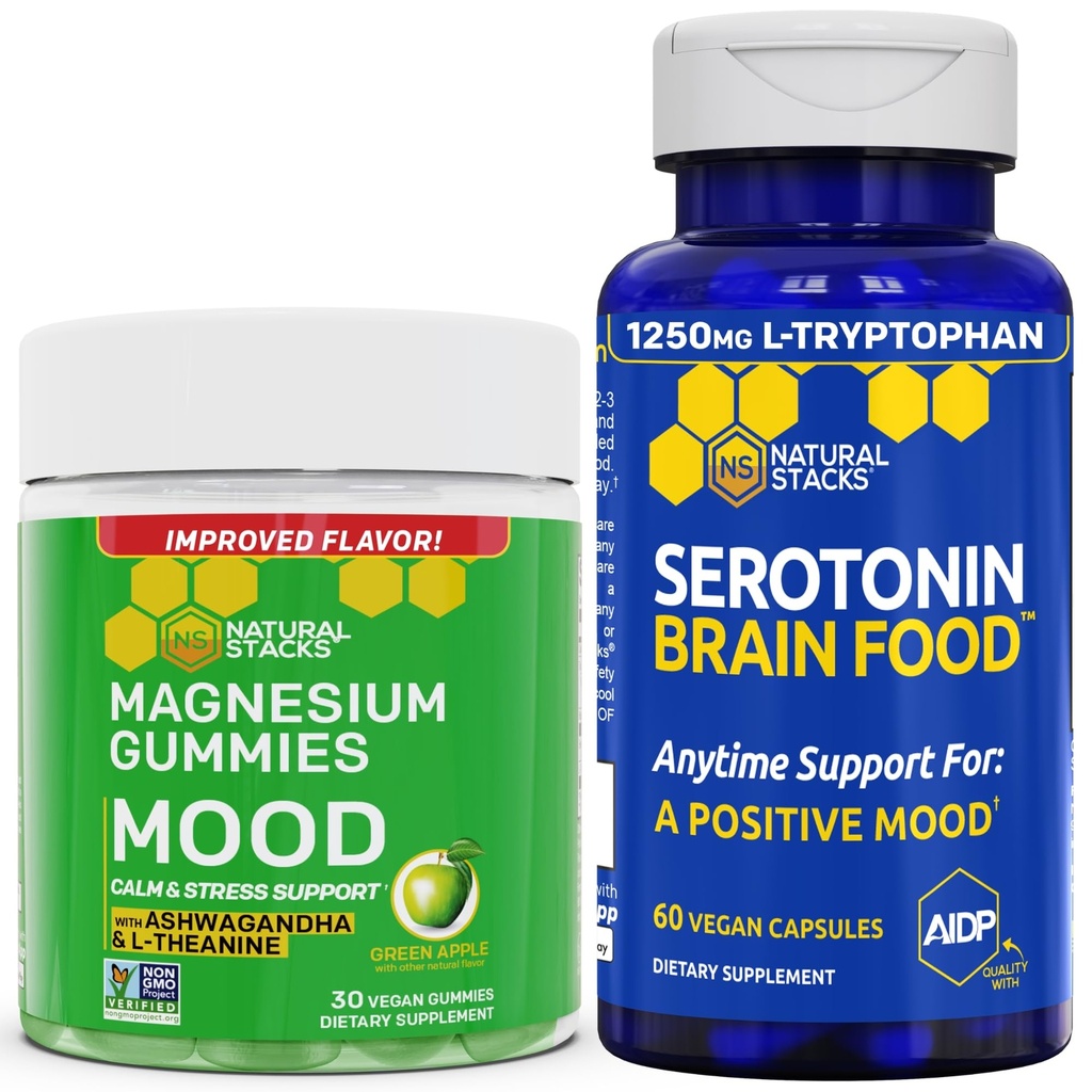 ESTACIONAMENTOS NATURAIS Gummies de Citrato de Magnésio + Pacote de Alimentos Cerebrais de Serotonina - Suporte a Humor e Stress Positivo - 90 Peças