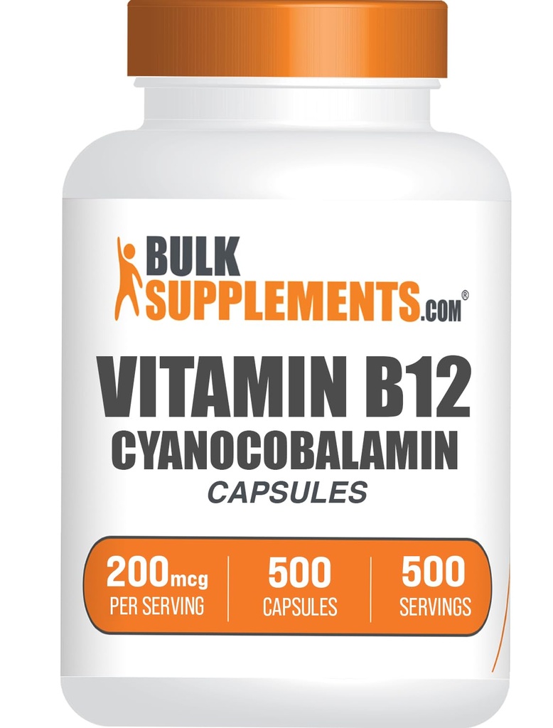 BulkSuplementos.com Cápsulas Vitamina B12 - como Cyanocobalamina, Suplemento Vitamina B, Vitamina B12 200 mcg - Vitaminas Energéticas, Glúten Grátis, 1 Cápsula por Serviço, 500 Cápsulas (Pacote de 1)