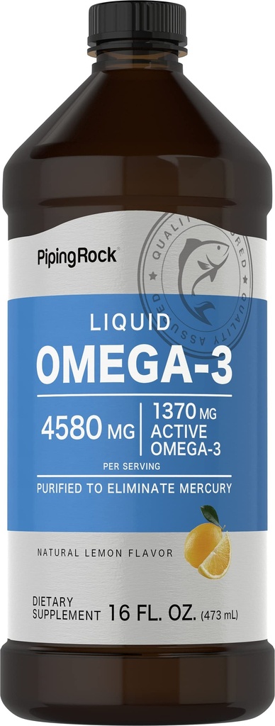 Piping Rock Omega 3 Fish Oil Liquid Supplement (Suplemento Líquido) 16 Fl Oz (Mercúrio) Free (Flavor de Limão) 1370 mg Active Omega-3 (Gluten Free) para Homens e Mulheres