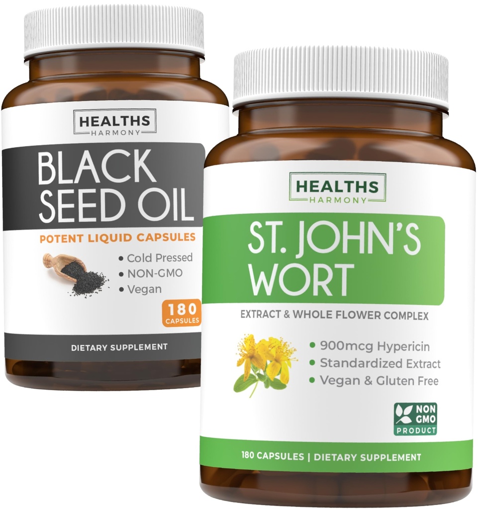 Óleo de semente preta & Erva de São João (3-fornecimento de meses) Harmony Essence Bundle of Black Seed Oil (180 Cápsulas) A frio Nigella Sativa & St. John's Wort (180 Cápsulas) com poderoso 900mcg Hipericina