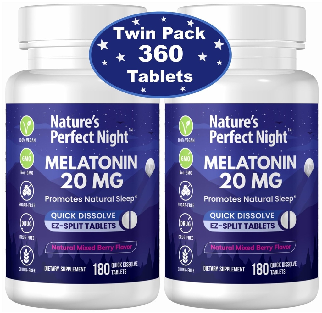 Nature's Perfect Night (Melatonina 20mg) 180 Comprimidos de dissolução rápida, 2-Pack (Pack) Natural Mixed Berry Flavor (Alta potência) Açúcar grátis (Gluten Free)