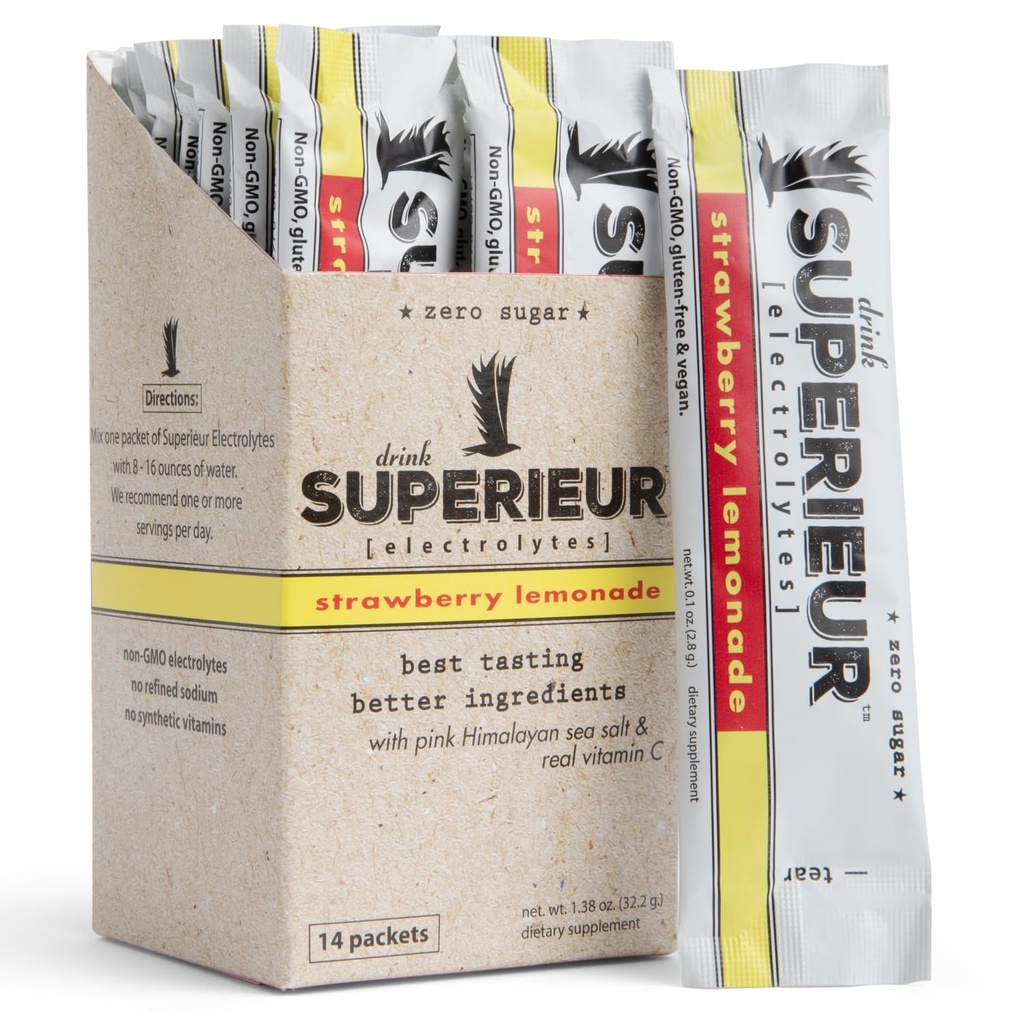 Superieur Electrolyte Powder Packets- Vegan Eletrolyte Hydration Powder w/Sea Minerals- Keto Friendly, Non-GMO, Zero Sugar Eletrolyte Supplement-Healthy Sports Drink-Strawberry Limonada (14 Packets)