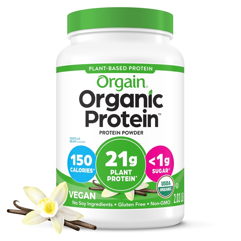 Orgain Organic Vegan Protein Powder, Vanilla Bean - 21g Proteína vegetal, 6g Fibra Prebiótica, Sem Ingredientes Lactose, Sem Açúcar Adicionado, Não-GMO, Para Shakes & Smoothies, 2.03 lb (Pacote de Maio Vary)