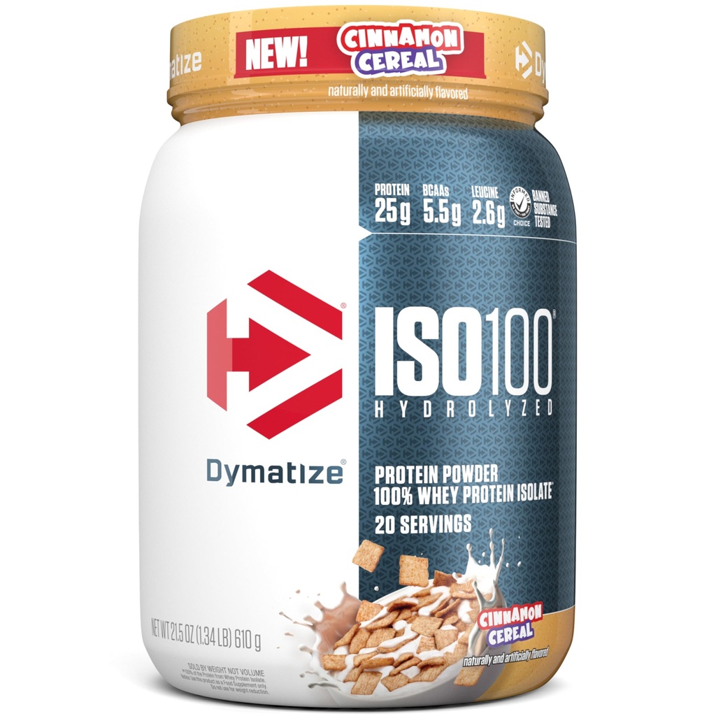 Dymatize ISO100 Whey Protein Powder Isolate, Cinnamon Cereal, 25g de proteína, 5,5g BCAAs, Menos de 120 Cal., Gluten Free, 1g Fat, 1g Sugar, 2g Carb (20 Servões)