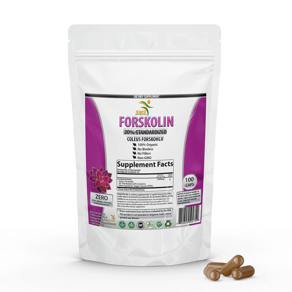 Pure Forskolin Extract Supplement with Potent Coleus Forskohlii 20% Standardized 1000 mg for Enhanced Energy - Plant-Based Energy Supplements for Women and Men - 100 Cápsulas Veggie