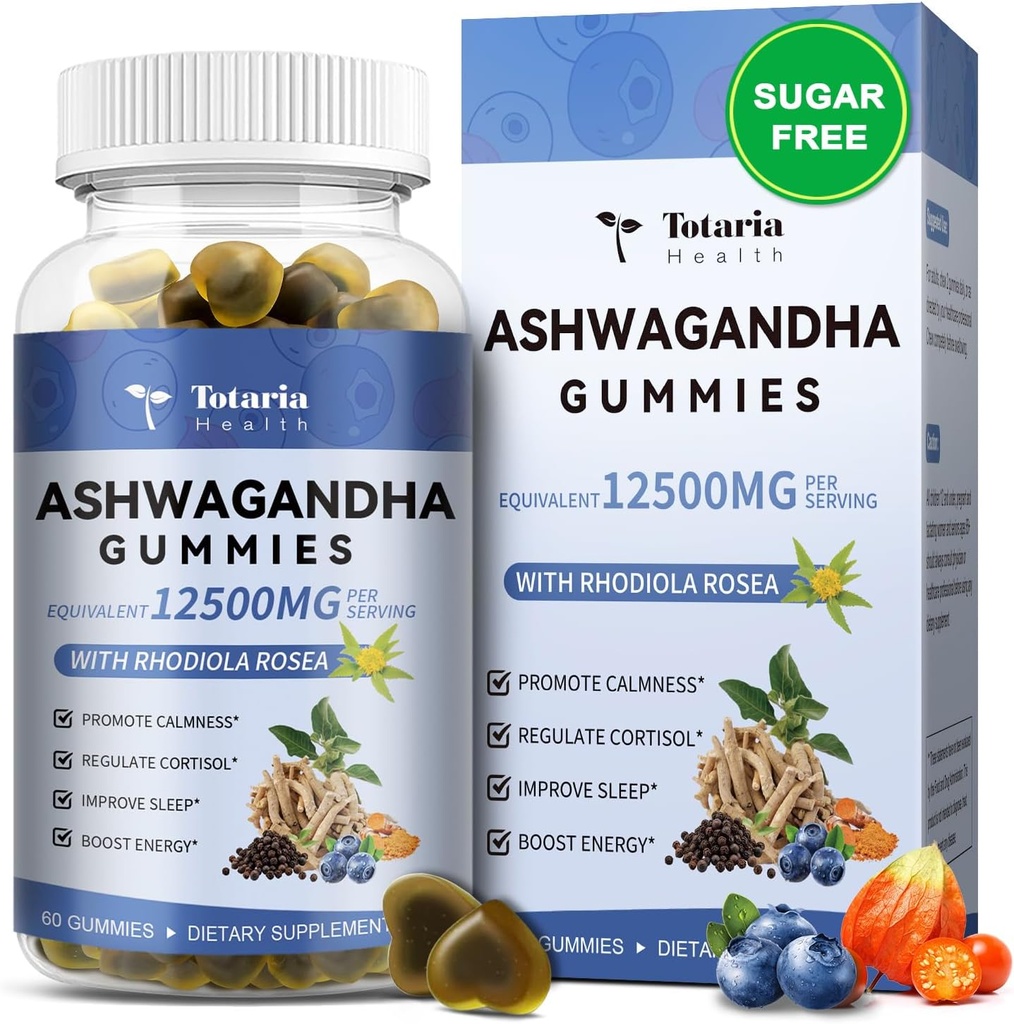Totaria Sugar Free Ashwagandha chicletes preenchidos 2500mg w/Vitamin D3, Glicecinato de magnésio, Rhodiola, Ultra força Ashwa Root Suplementos para Mulheres & Wen, para Relaxamento, Energia, Flavor de mirtilo