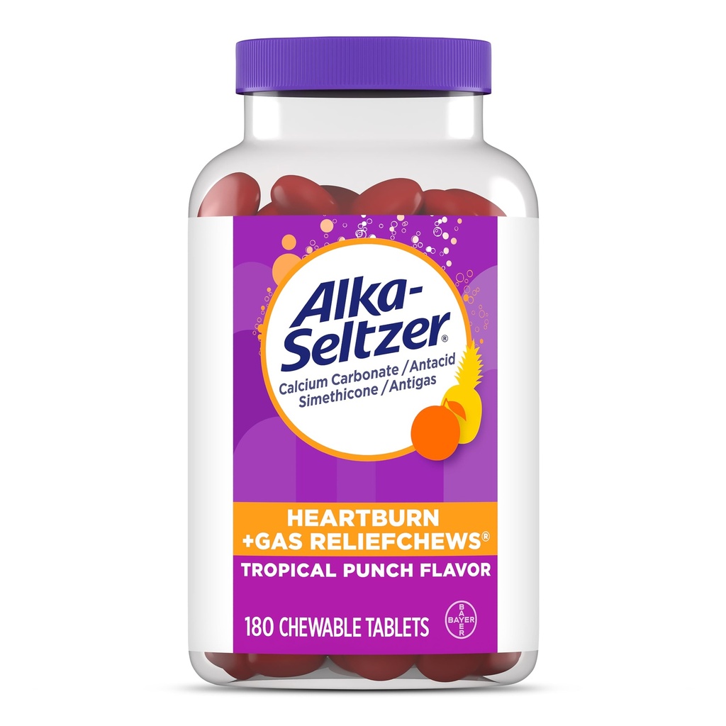 Azia Alka-Seltzer + Alivio de gás Chews, Antiácido + Antigas mastiga para alívio rápido da azia, gás e alívio da indigestão ácida Em andamento, 180 Ct