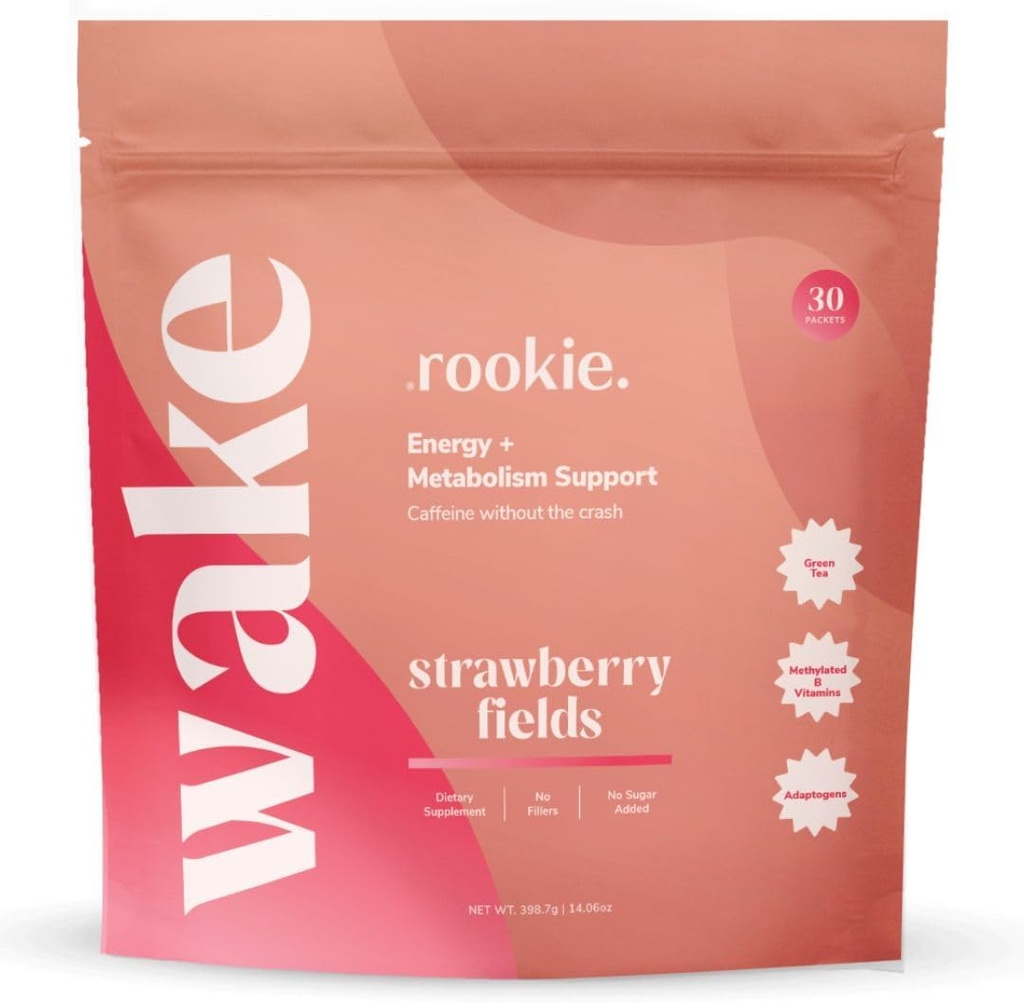 Novato Wellness Wake - Energia Natural Beber Pó com 125 mg de Cafeína de Extrato de Chá Verde, Vitaminas B-Complexas, Extrato de Ashwagandha, & Extrato de Guaraná (30 Servões, Campos de Morangos)