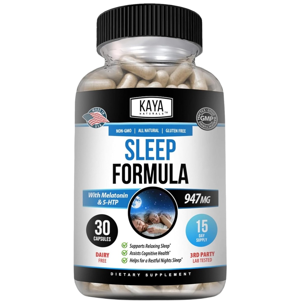 Kaya Naturals - Fórmula de apoio ao sono com melatonina - Suporte de ajuda Suplemento de vitamina - Apoio ao estresse e ao humor do sono - L-Tryptophan, Passion Flower, Ashwagandha e mais (30 Count)