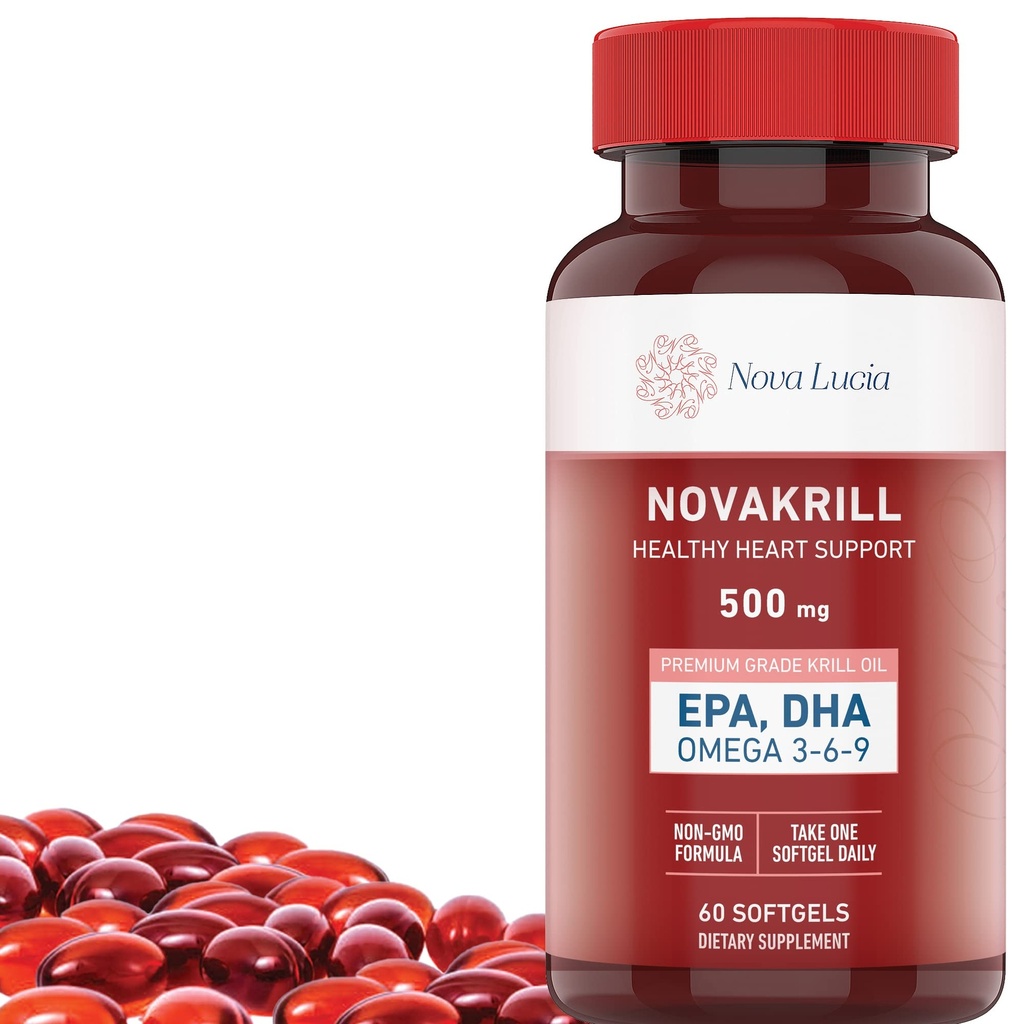 NovaKrill Krill Oil Omega 3 Suplemento – 1000mg Softgels com EPA, DHA, Astaxantina – Sem sabor de peixe – Fácil de engolir Antárctico Krill Oil – 60 Cápsulas Líquidas