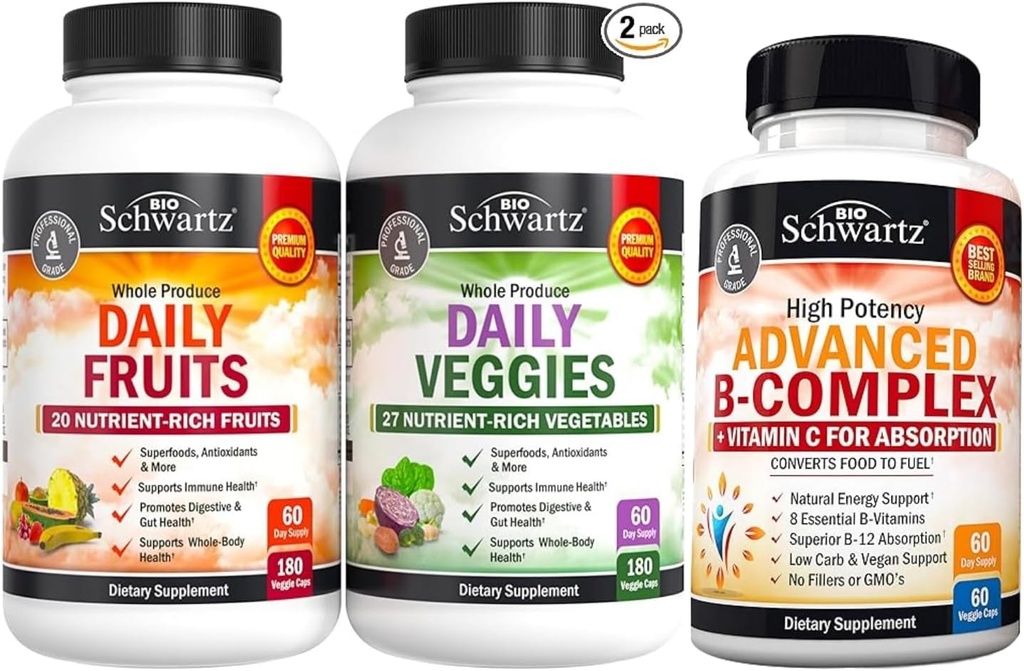 BioSchwartz Suplemento diário de frutas e legumes para mulheres e homens (2 meses de abastecimento) Mais complexo de vitamina B com vitamina C (2 meses de abastecimento)