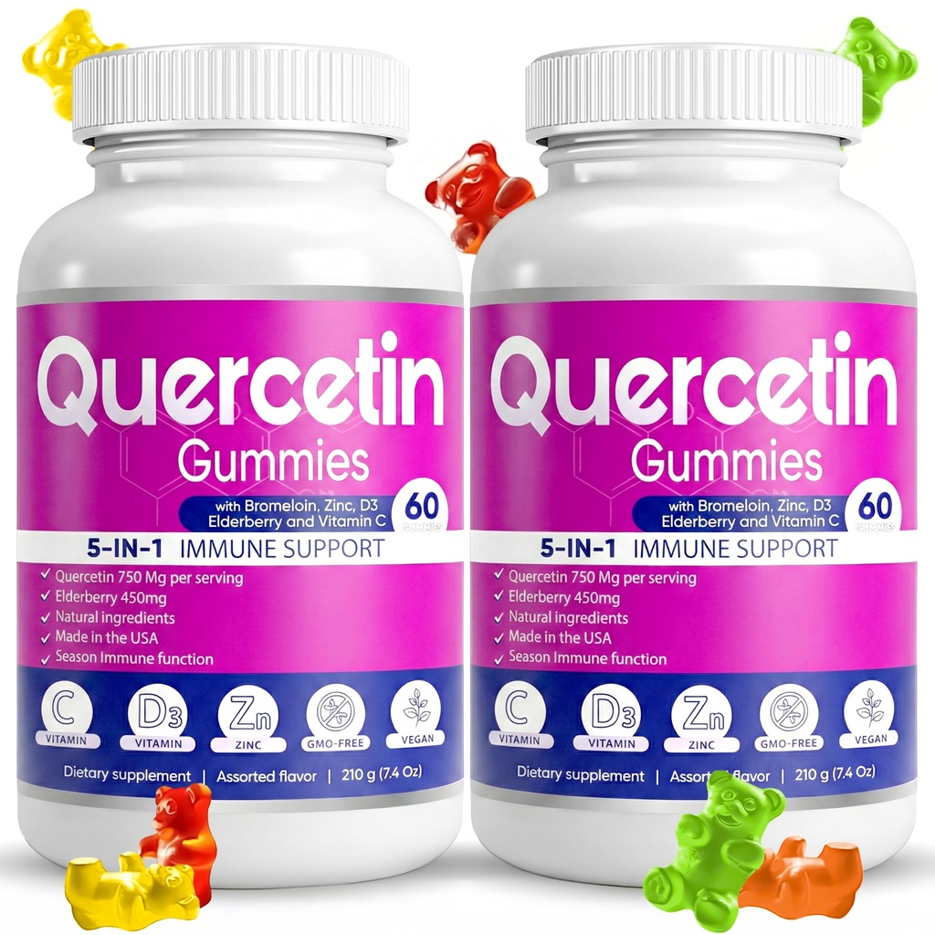 (2 Pack) Quercetin Gummies by BioVitalica - Quercetin com Bromelain Vitamina C e Zinco & Elderberry + Vitamina D3-5 em 1 Suporte Imune - Zinc Quercetin 750 mg para Crianças e Adultos