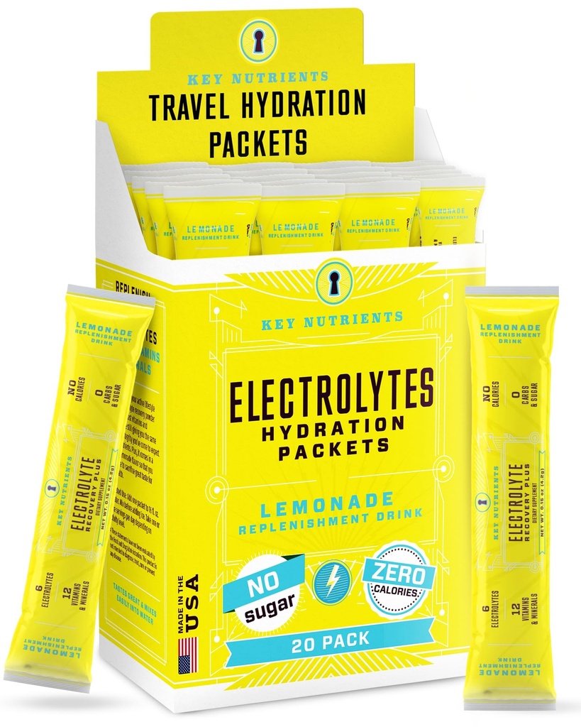 KEY NUTRIENTS Electrolytes Powder Packets 20 Pack - Sem Açúcar, Limonada Refrescante, Pacotes de Hidratação com Pó de Eletrolítico para Refrescante Electrolyte Drink Mix Packets - Zero Calories