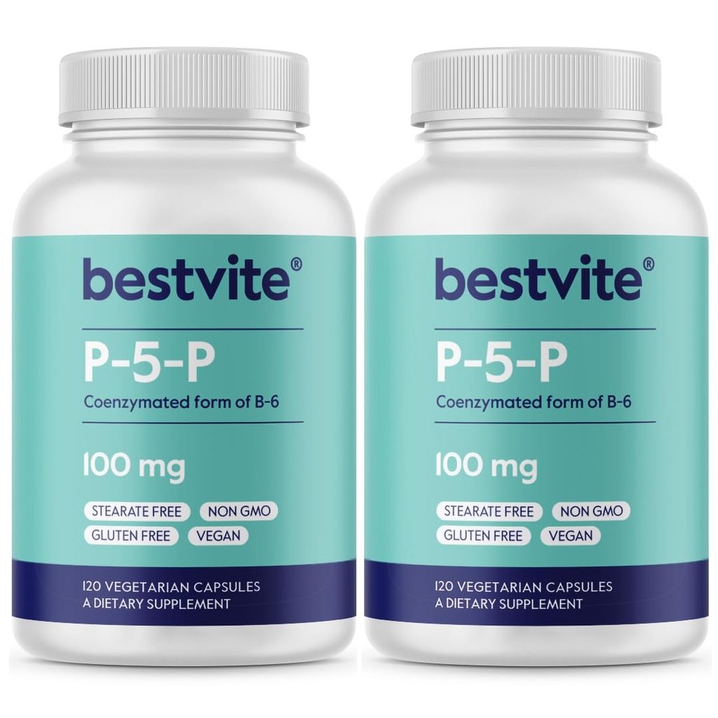 BESTVITE P-5-P 100mg (240 Cápsulas vegetarianas) (120 x 2) (Forma Co- Enzimada de B-6) - Sem Estearatos - Vegan - Não GMO - Gluten Free