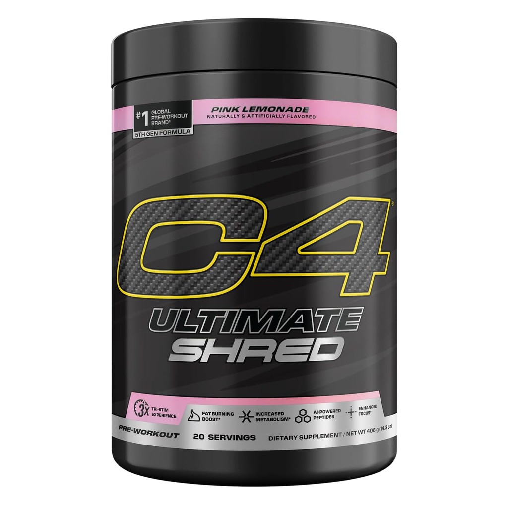 Cellucor C4 Ultimate Shred Pré Treino Pó, suplemento de metabolismo com Cayenne Extract+300mg Cafeína+TeaCrine+Dinamina - Limonada rosa, 20 Servings