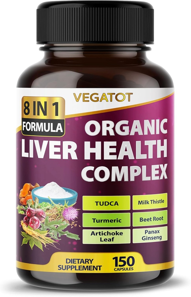 Fórmula Complexo de Saúde do Fígado VEGATOT ** EUA Made and Tested** Alta potência com TUDCA, Cardo de Leite, Raiz de Beterraba, Folha de Alcachofra, Panax Ginseng, Astragalus, Tumeric - Clean & Detox Formula