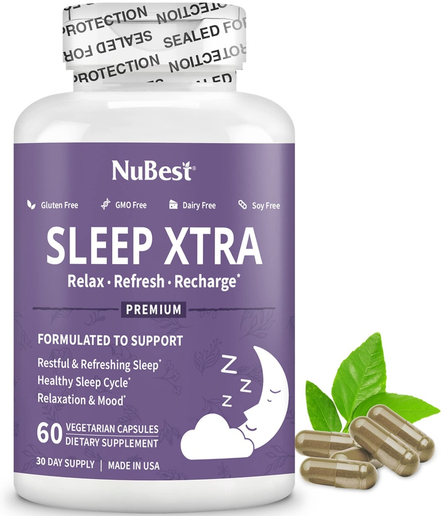 NuBest Sleep Xtra | Supports Healthy Sleep for Adults | Vitamin B6, Melatonin, Ashwagandha, Chamomile, Valerian & More - Non Habit-Forming | 60 Vegan Capsules |1 Month Supply