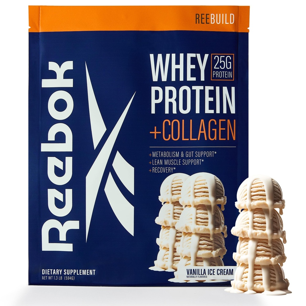 Reebok Whey Protein Powder + Colágeno Peptides 25g Protein with 9 Essential Amino Acids (Recuperação dos Músculos), Joint & Gut Support (ReeBuilding Vanilla Ice Cream Flavor), 1.3 lb