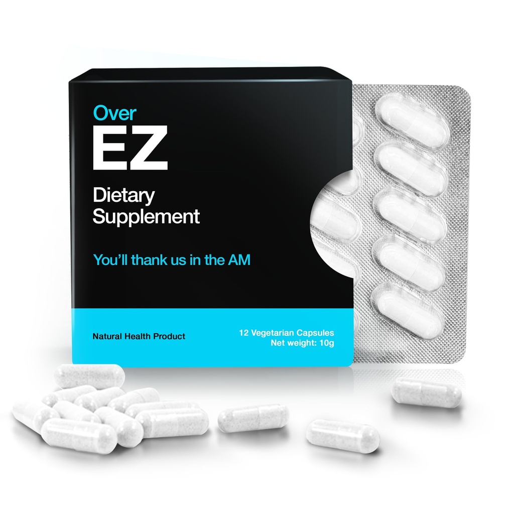 OVER EZ Pre-Drink Suplemento - Pílulas de recuperação e prevenção de festas para uma noite fora e melhores manhãs (12 cápsulas) e cardo de leite, aminoácidos, vitamina Bs