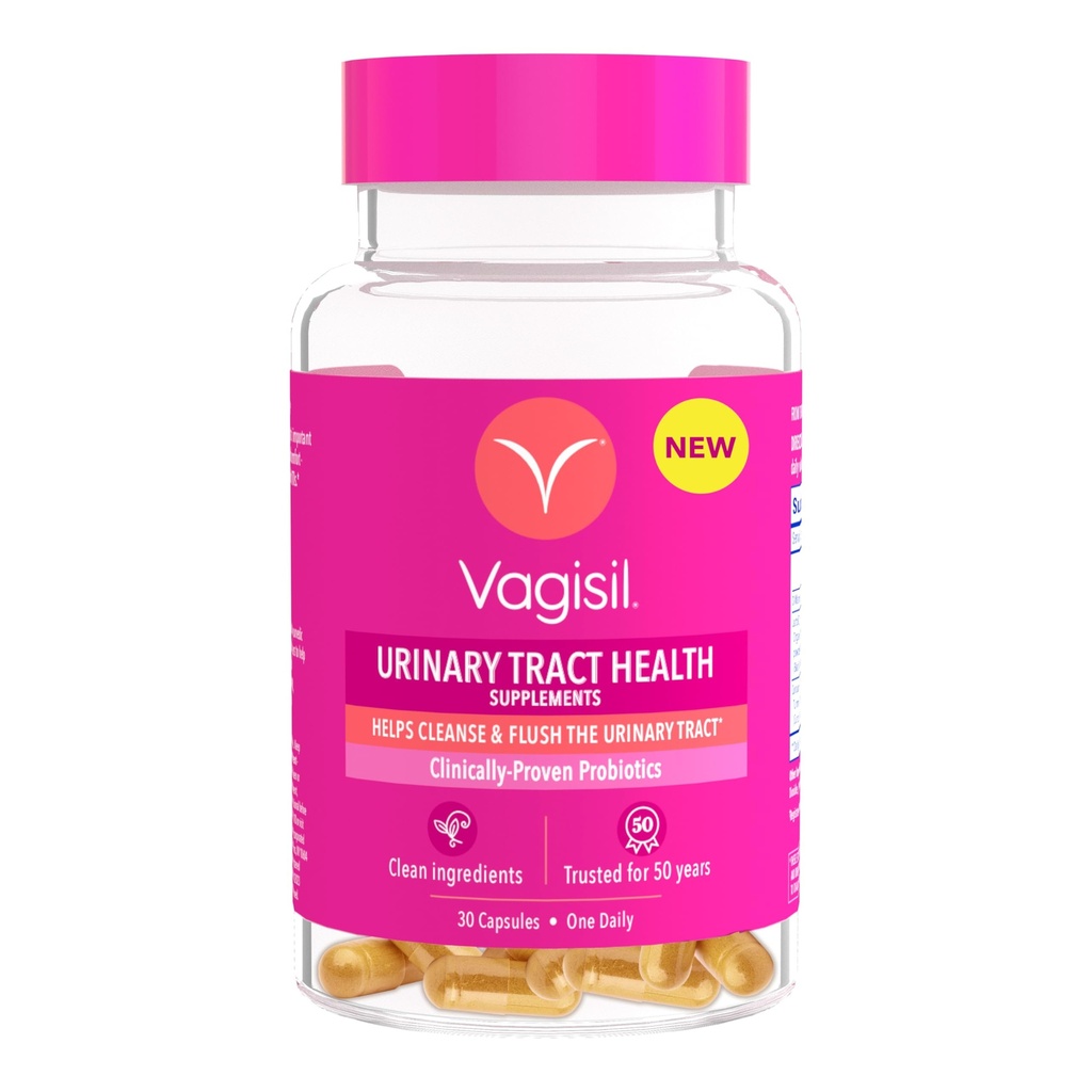 Suplementos de Saúde do Trato Urinário Vagisil, Probióticos Proven Clinicamente, Protege a Saúde do Trato Urinário, Ingredientes Limpos, Ajuda a Limpar e Flush Bactérias Causadoras de ITU, 1 Cápsula Diário, 30 Cápsulas